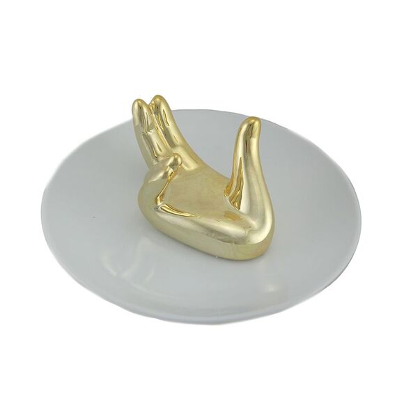 Gold Painted White Ceramic Helping Hand Jewelry Dish Ring Holder - Picture 2 of 3
